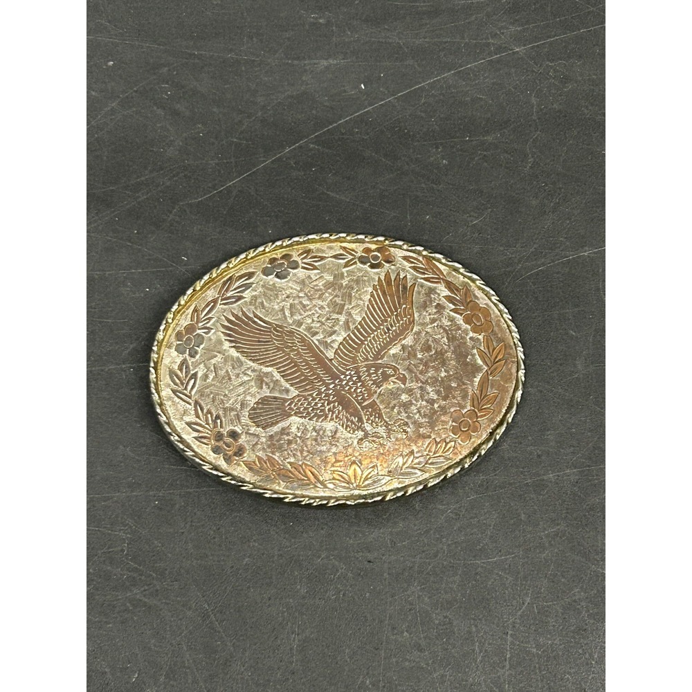 Vintage Eagle Etched Leaf pattern western belt buckle signed W (USA)